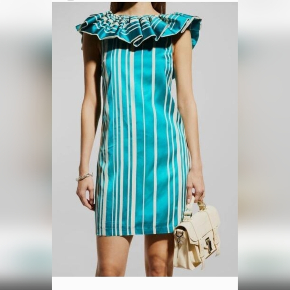 Trina Turk Blue and White Ruched Off-Shoulder Mini Dress